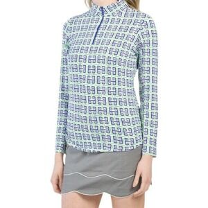 IBKUL Long Sleeve Top Size Sm Geo Key Navy Green Golf Tennis Pickleball COOLING